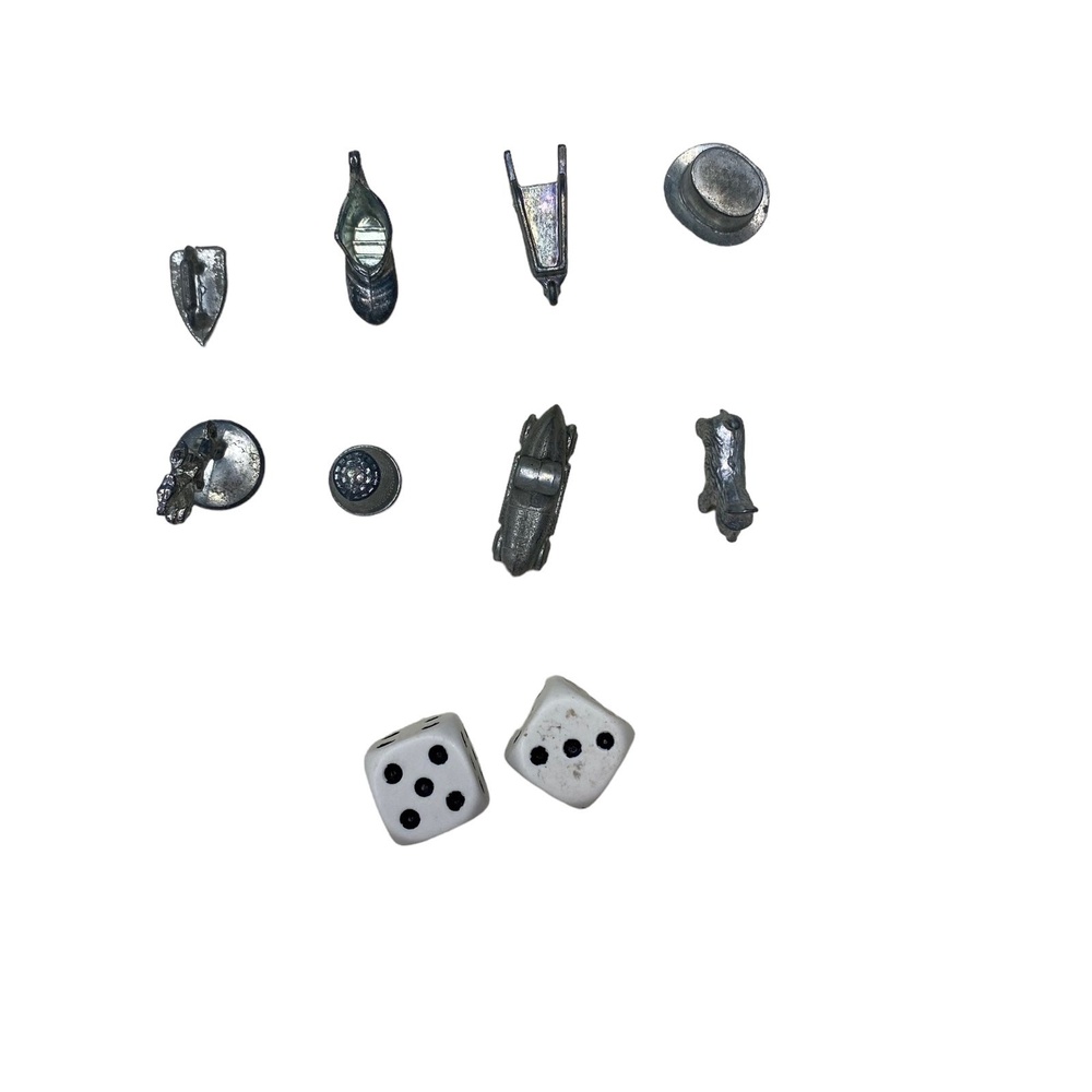 Monopoly Silver Game Tokens and Dice.  Replacement pieces